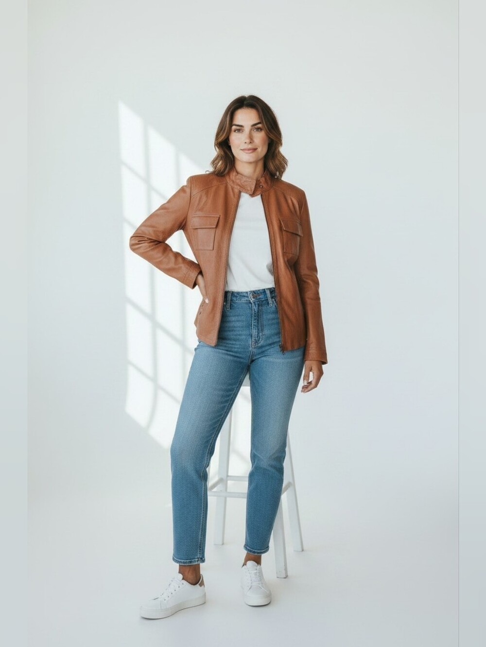 Chico's Sadie Western Genuine Leather Caramel Camel Stitch Trim Leather Jacket L